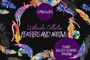 【图片素材】63款羽毛箭头水彩画PNG剪贴画创意设计图片素材 Feathers and arrows Watercolor png