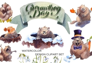 【图片素材】40个手绘水彩可爱土拨鼠卡通形象创意设计图片素材 Groundhog Day