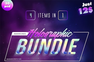 【PS样式】30款闪亮发光3D文字效果PS图层样式设计模板 Holographic Text Effects Bundle