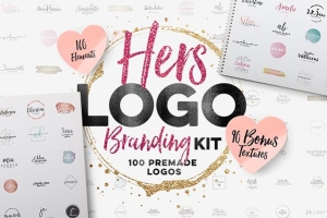 【矢量素材】100款女性品牌时尚轻奢简约风格Logo徽标设计粉金纹理矢量素材 Hers Logo Branding Kit