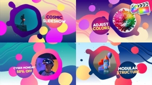 【FCPX插件】11组卡通液体彩色图形图文介绍包装片头动画 Cartoon Space Slideshow