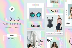 【PSD模板】9款时尚荧光炫彩背景图文排版设计PSD模板样机 Holo Fashion Store Pinterest Banners