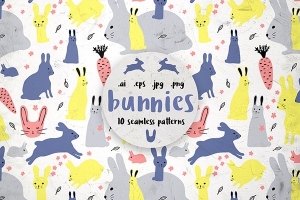 【矢量素材】10个非常可爱的兔子无缝图案包装印花背景矢量素材 BUNNIES, 10 patterns