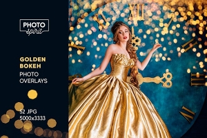 【图片素材】52张金色光斑散景叠加覆盖图片素材+PS动作 Golden Bokeh Photo Overlay Effects