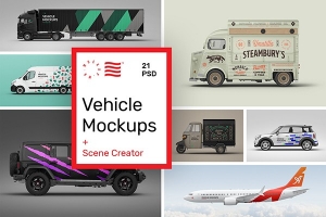 【PS样机】21个各种交通工具车辆飞机车身广告宣传PSD场景模型样机 Vehicle Mockups – Car Mockups