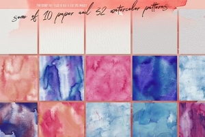 【PS图案】32种水彩背景纸张肌理纹理无缝图案PNG素材 32 Watercolor & Paper Patterns