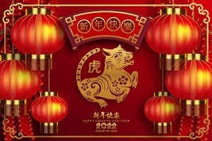 【矢量素材】21款中式2022虎年剪纸祥云新年春节海报红色背景AI矢量设计素材
