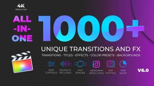 【FCPX插件】1000个拉伸旋转缩放图形水墨光效VHS故障分割转场特效调色标题动画 Unique Transitions and FX v6