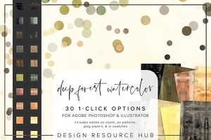 【PS样式】30种森林水彩纹理图案文本样式AI色板设计素材 Deep Forest Watercolor PS Styles