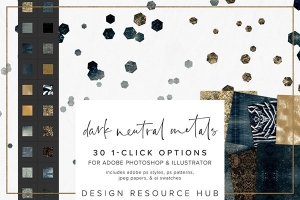 【PS样式】30种深色中性金属风格纹理图案文本样式AI色板设计素材 Dark Neutral Metals PS Style Pack