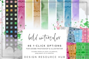 【PS样式】46种水彩画纹理图案文本样式AI色板设计素材 Bold Watercolor PS Styles