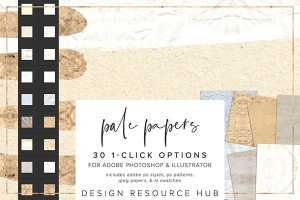 【PS样式】30种复古苍白纸张纹理图案文本样式AI色板设计素材 Pale Papers Photoshop Styles