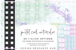 【PS样式】30种淡雅柔和水彩纹理图案文本样式AI色板设计素材 Pastel Cool Watercolor PS Styles