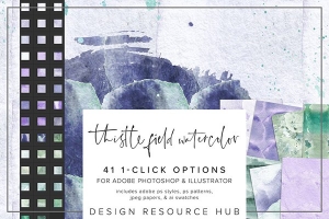 【PS样式】41种紫色蓟花水彩画纹理图案文本样式AI色板设计素材 Thistle Field Watercolor PS Styles