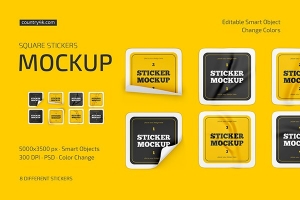【PS样机】8个方形贴纸标签不干胶便利贴PSD模型样机 Square Stickers Mockup Set
