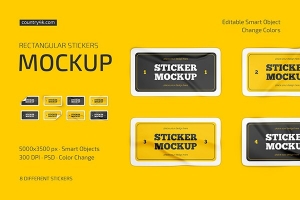 【PS样机】8个矩形贴纸标签不干胶便利贴PSD模型样机 Rectangular Stickers Mockup Set