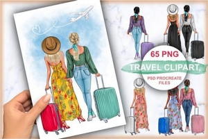 【图片素材】60+旅行出游水彩漫画创作剪贴素材PNG图片素材 60+ Travel Cliparts for Photoshop & Procreate