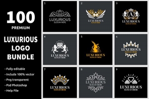 【LOGO样机】100个豪华品牌LOGO企业标志店招奢侈品徽标设计PS模型样机 100 Luxurious Logo Bundle
