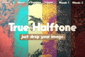 【PSD模板】单点圆形版画雕刻波浪马赛克半色调效果PS特效模板 True Halftone PSD Template