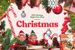 【PNG素材】100+圣诞节元素复古半色调颗粒效果PNG剪贴素材 Studio 2am – Christmas：100+ Vintage Christmas Cut-Outs