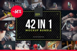 【PS样机】42款iPhone手机Apple Watch智能手表穿戴设备使用场景展示PS样机 42 in 1 Mockup PSD Bundle