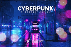【PS动作】都市霓虹建筑街道夜景人像赛博朋克效果PS动作 Cyberpunk Photoshop Action