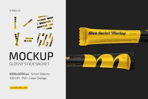 【PS样机】糖果零食速溶咖啡塑料铝箔小包装展示PS模型样机 Glossy Stick Sachet Mockup Set