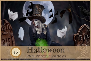 【PNG素材】45张魔幻恐怖万圣节化妆舞会骷髅面具幽灵女巫蜡烛气球等图片素材 Halloween Photoshop Overlays Creepy