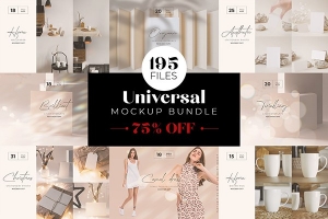 【PS样机】195+背景墙壁纸连衣裙圣诞卡片礼盒婚礼邀请函咖啡杯等PS样机合集漏光阴影照片PNG叠加素材 Universal Mockup Bundle