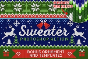 【PS动作】圣诞主题毛衣圣诞帽针织纹理生成特效PS动作 Ugly Christmas Sweater Photoshop Act