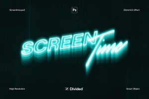【PSD模板】文本图形霓虹发光监视器毛刺幻影失真特效PSD模板 Divided – Screentime Monitor