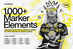 【PNG素材】1000+个性时尚手绘涂鸦手写标记PNG图形元素设计素材 Hyper Marker – 1000+ Marker Elements