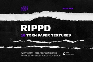 【图片素材】16张撕裂纸张边缘破损做旧复古特效纹理图片素材 RIPPD / Hi-Res Torn Paper Texture Pack