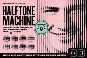 【PS动作】复古半色调点阵波纹扭曲像素照片处理特效PS动作 Halftone Machine Action – Convert Image to Halftone Styles