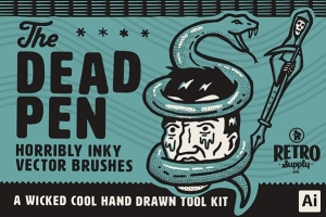 【AI笔刷】62支手绘插画散点图案精细线条水墨艺术Ai矢量笔刷 Retro Supply – The Dead Pen Brush Pack