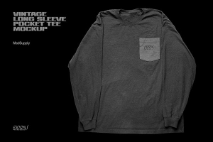 【PS样机】复古街头潮牌长袖圆领T恤服装设计印花图案PS样机 Worn Long Sleeve Pocket Tee Mockup