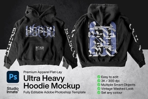 【PS样机】潮流时尚加厚宽松连帽衫卫衣服装设计PS模型样机 Ultra Heavy Hoodie Mockup