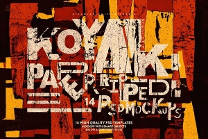 【PS样机】14款垃圾艺术脏污破旧撕裂墙贴海报PS样机 Koyak：14 PSD Paper Ripped Mockups