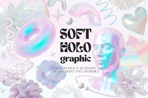 【PNG素材】74款酸性艺术全息虹彩渐变纹理抽象3D几何图形PNG素材 Soft Holo Iridescence 3D Shapes