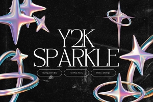 【PNG素材】18款全息液态闪光镀铬金属Y2K酸性抽象星星几何图形PNG图片素材 Y2K Sparkle Elements
