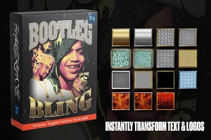 【PS样式】15种复古90年代游戏海报传单广告设计文本图层样式 Bootleg Bling Text Styles Pack Vol 1