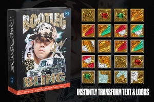 【PS样式】20种复古90年代游戏海报传单广告设计文本图层样式 Bootleg Bling Text Styles Pack Vol 2