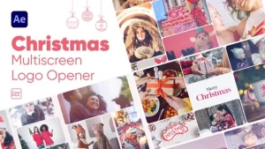 【AE模板】圣诞节图片视频分屏开场Logo片头动画 Christmas Multiscreen Logo Opener
