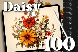 【Procreate笔刷】100支手绘插画金秋菊花雏菊花卉Procreate笔刷 100+ Procreate Daisy Stamps