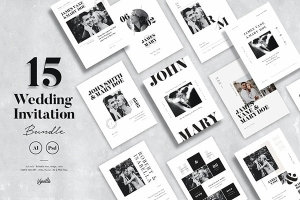 【PSD模板】15套简约干净婚礼邀请函卡片设计PS/AI模板 15 Wedding Invitation Bundle