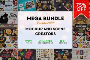 【PS样机】100+餐饮美食食物餐具搭配预制场景创建PS模型样机 Mega Bundle Restaurant Scene Creator