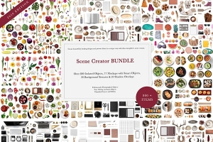 【PS样机】77款大气生活美食食材果蔬花卉电器预制模型场景PS样机 Scene Creator MEGA BUNDLE 2020