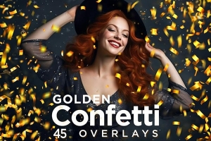 【图片素材】45张金色纸屑喷撒节日婚礼庆祝摄影叠加素材 45 Golden Confetti Photoshop Overlays, Glitter