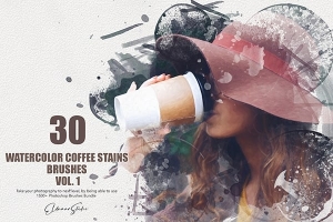 【PS笔刷】30支水彩艺术画水墨咖啡渍泼洒晕染绘画PS笔刷 30 Watercolor Coffee Stains Brushes 1