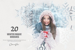 【PS笔刷】20支可爱简笔画冬天雪花雪人圣诞树驯鹿彩星元素卡通绘画PS笔刷 20 Winter Magic Brushes